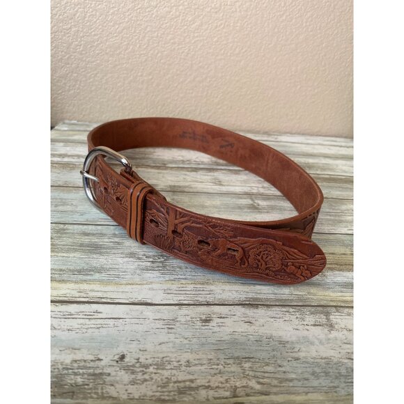 Chambers Phoenix AZ Hand Tooled Leather Belt Deer, Hare Lion & Tree Design Sz 30 - Picture 1 of 11